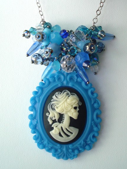 Handmade Skeleton Bride Cameo in Blue